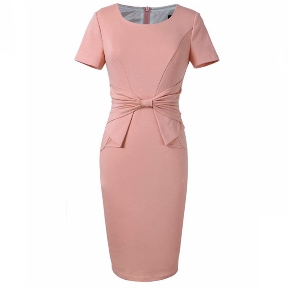 NWT bow pleat waist sheath vintage blush dress Med - Picture 2 of 10